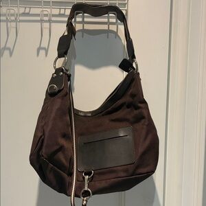 Bally Brown Fabric Hobo Bag featuring leather trim and silver-tone hardware👝